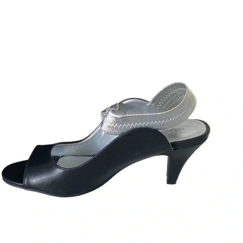 ANGEL STEPS* Women's Adult Abagail Open Toe Black Silver Slingback Dress Heels - Picture 3 of 5